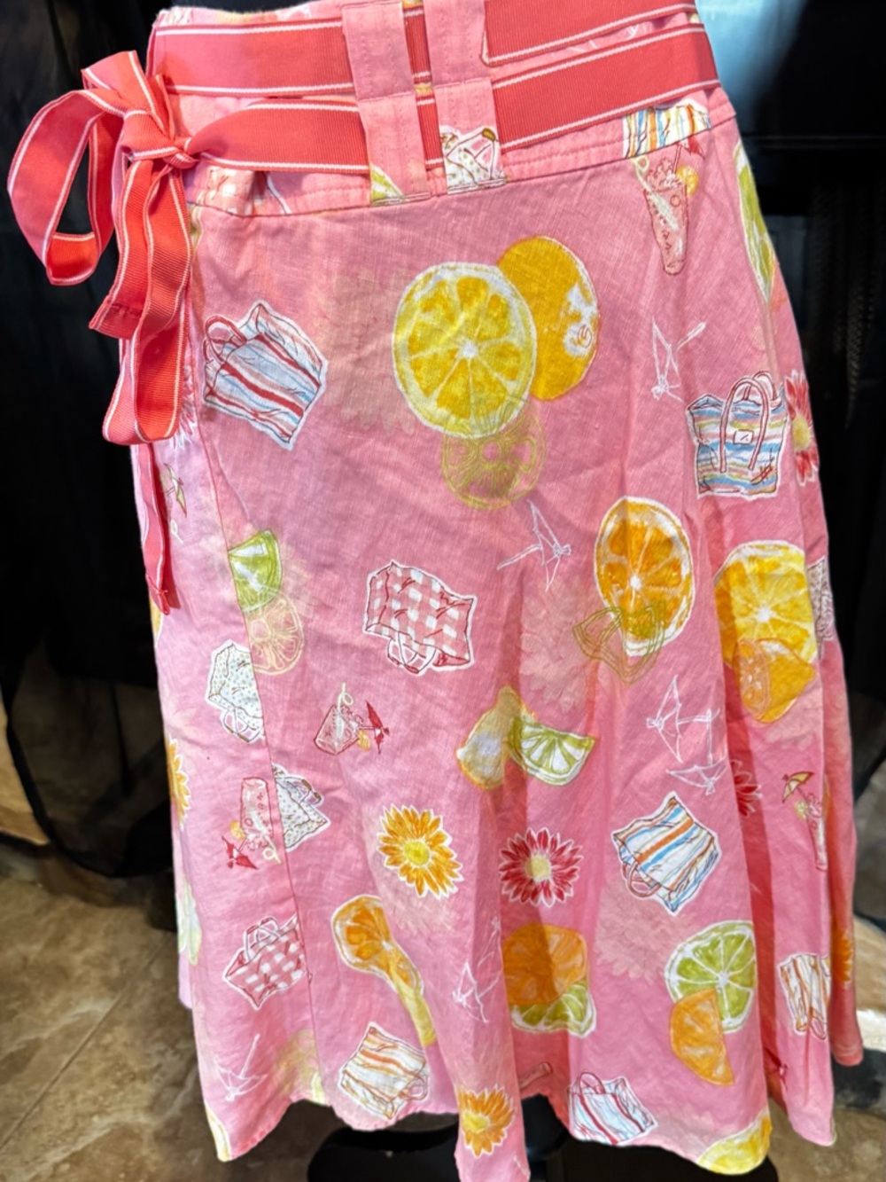 Liz Claiborne Pink Citrus Print Wrap Skirt with Red Stripe Belt